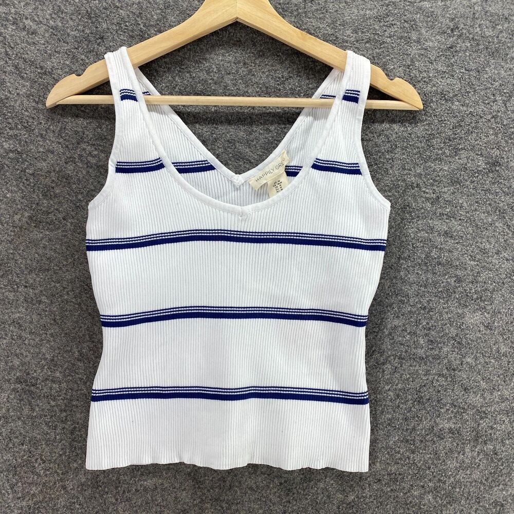 New Happily Grey Tank Women M Meidum White Striped Round Neck Sleeveless Nylon